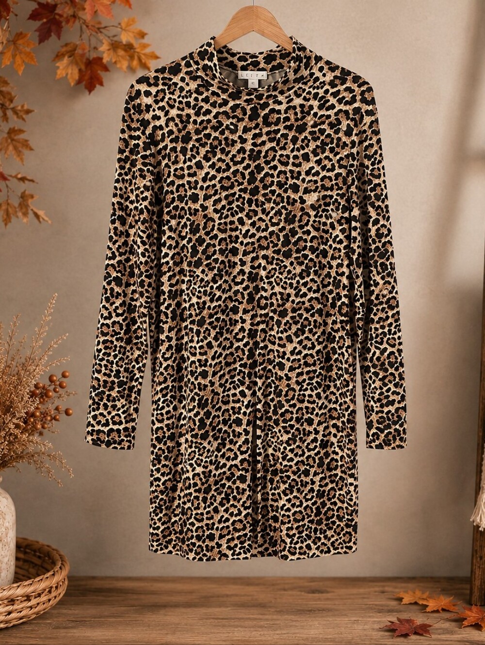 Leith Leopard Print Long Sleeve Mock Neck Midi Dress XL